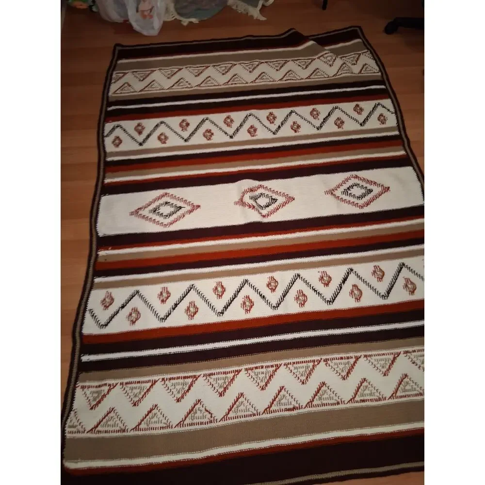 Vintage Crocheted Blanket Aztec Southwestern Grannycore 82x58